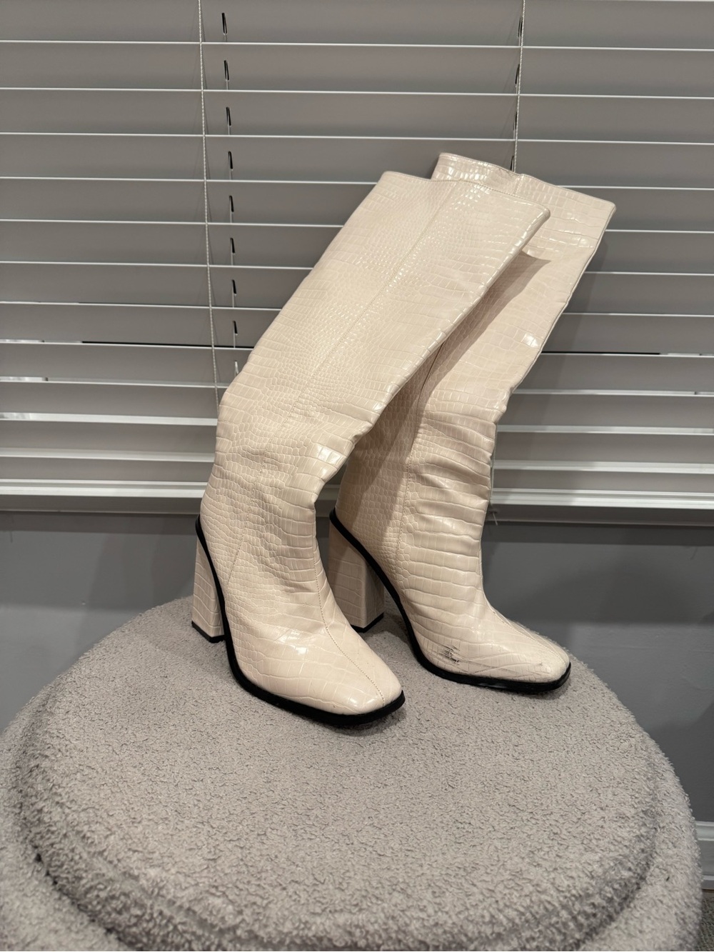 Public Desire Cream Croc-Effect Over-the-Knee Block Heel Boots